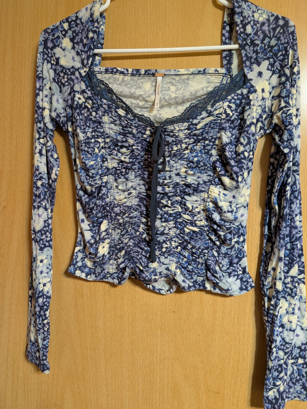 Free People Blue Floral Lace-Trim Long Sleeve Top